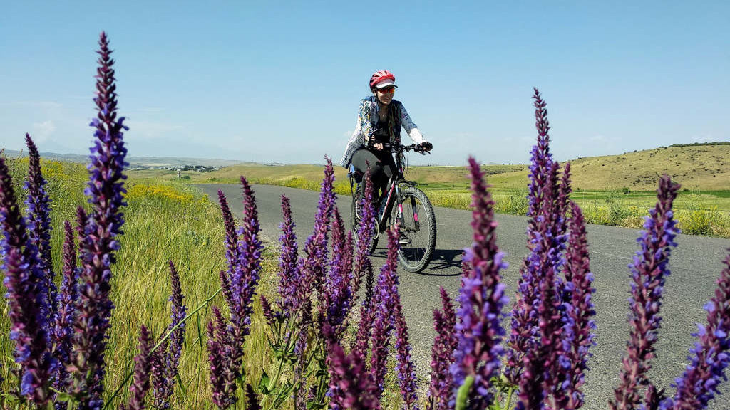 Cyclist as seen riding through flowers